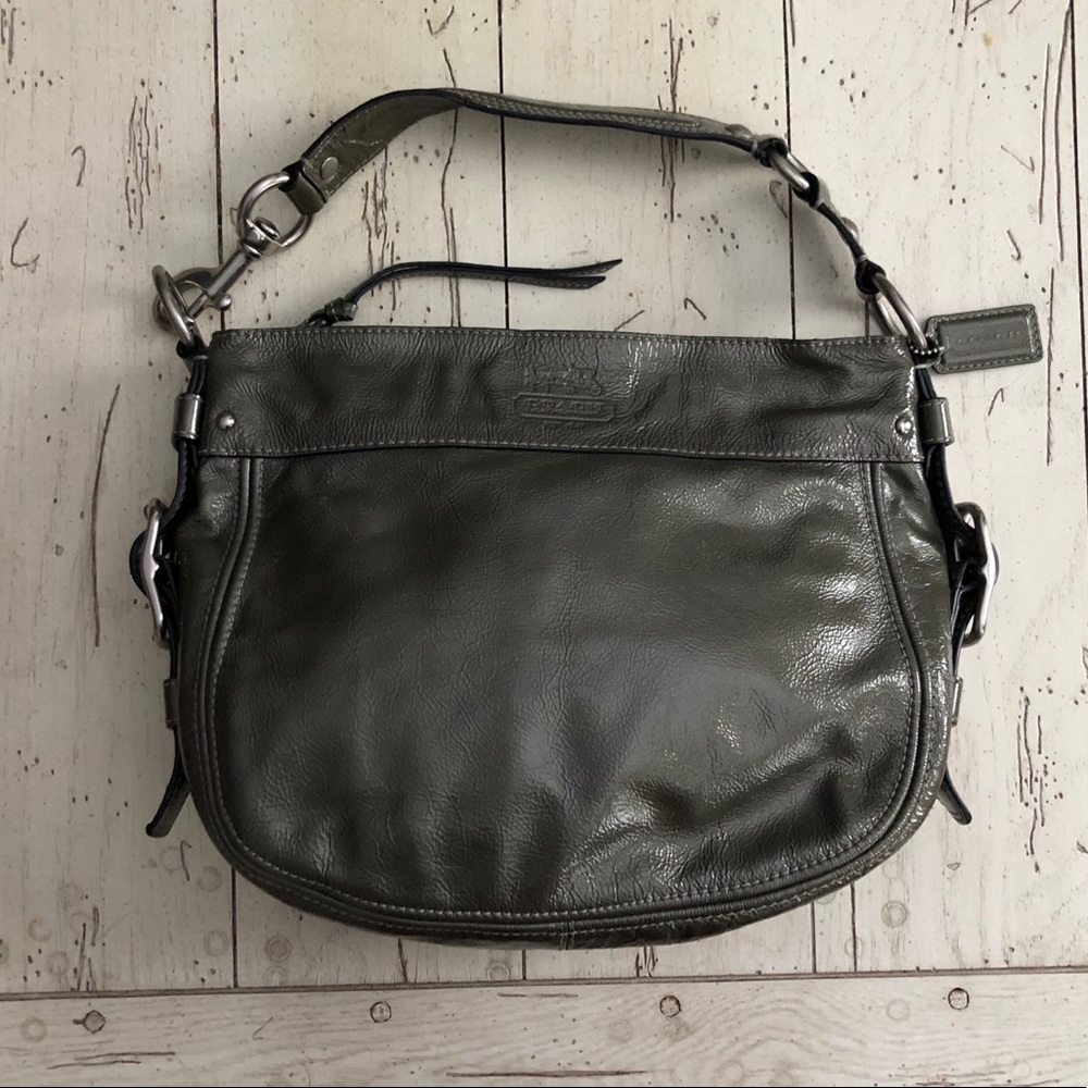 Coach Dark Pewter Tote with Aqua Blue Interior